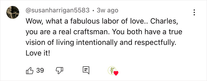 User comment praising the couple's off-grid yurt living and craftsmanship, highlighting intentional lifestyle choices.