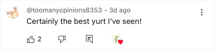 Comment praising a yurt built by a couple living off-grid.