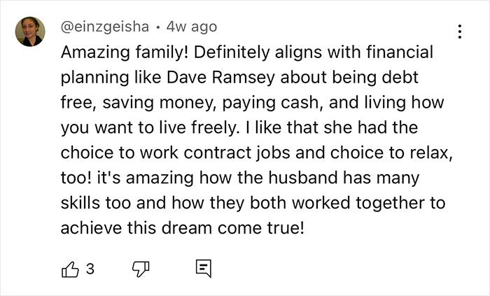 Comment praising a couple sharing their off-grid yurt lifestyle, focusing on financial freedom and teamwork.