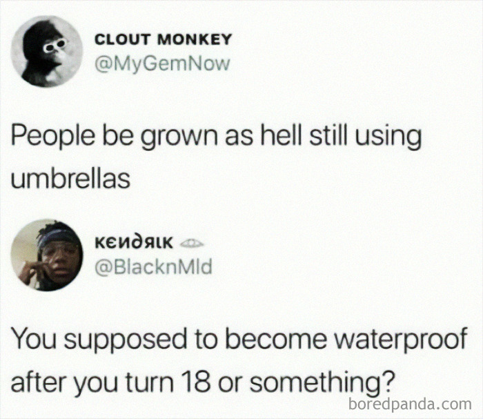 Tweets joking about adults using umbrellas, highlighting dumbest posts theme.