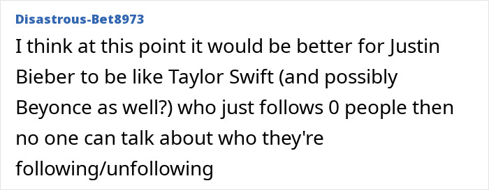 Comment suggesting Justin Bieber follow zero people after unfollowing Hailey Bieber.