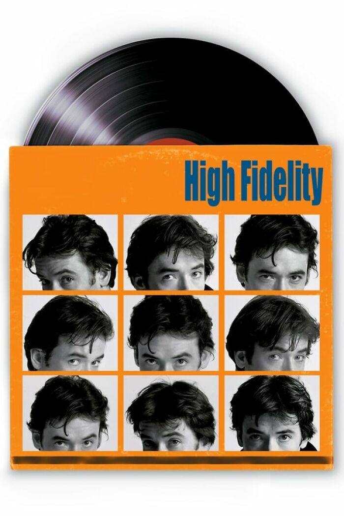 Vinyl record cover of "High Fidelity" showing nine black-and-white photos of a man's face; best nostalgia movies theme.