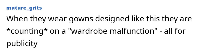 Text comment about wardrobe malfunctions in celebrity fashion, emphasizing publicity tactics.