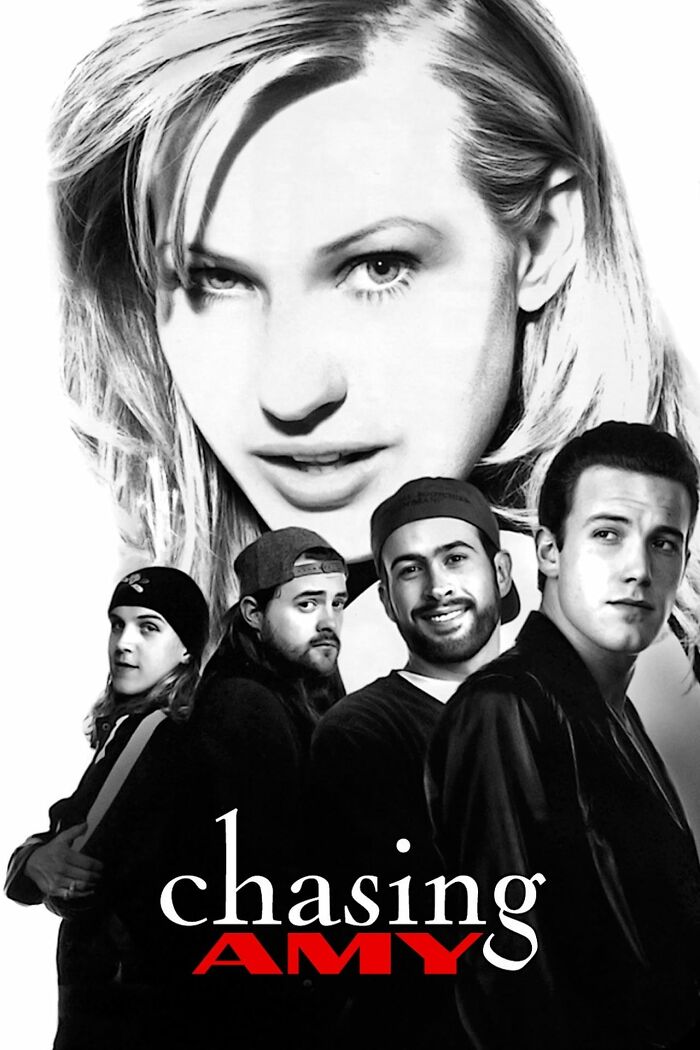 Poster of "Chasing Amy" featuring main characters, a classic in best nostalgia movies.