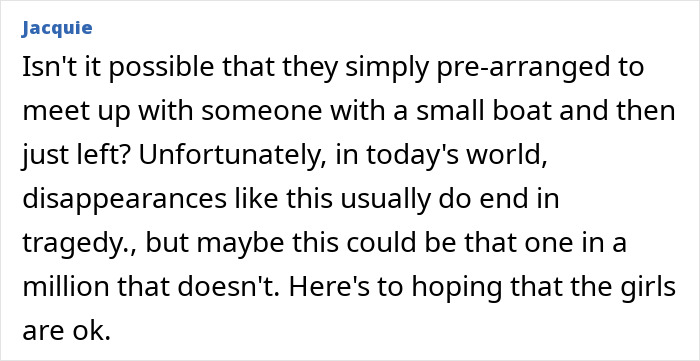 Text pondering the fate of sisters who disappeared after night walk, expressing hope they are safe.