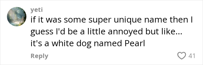 Comment discussing a white dog named Pearl and sharing thoughts on the name's uniqueness.