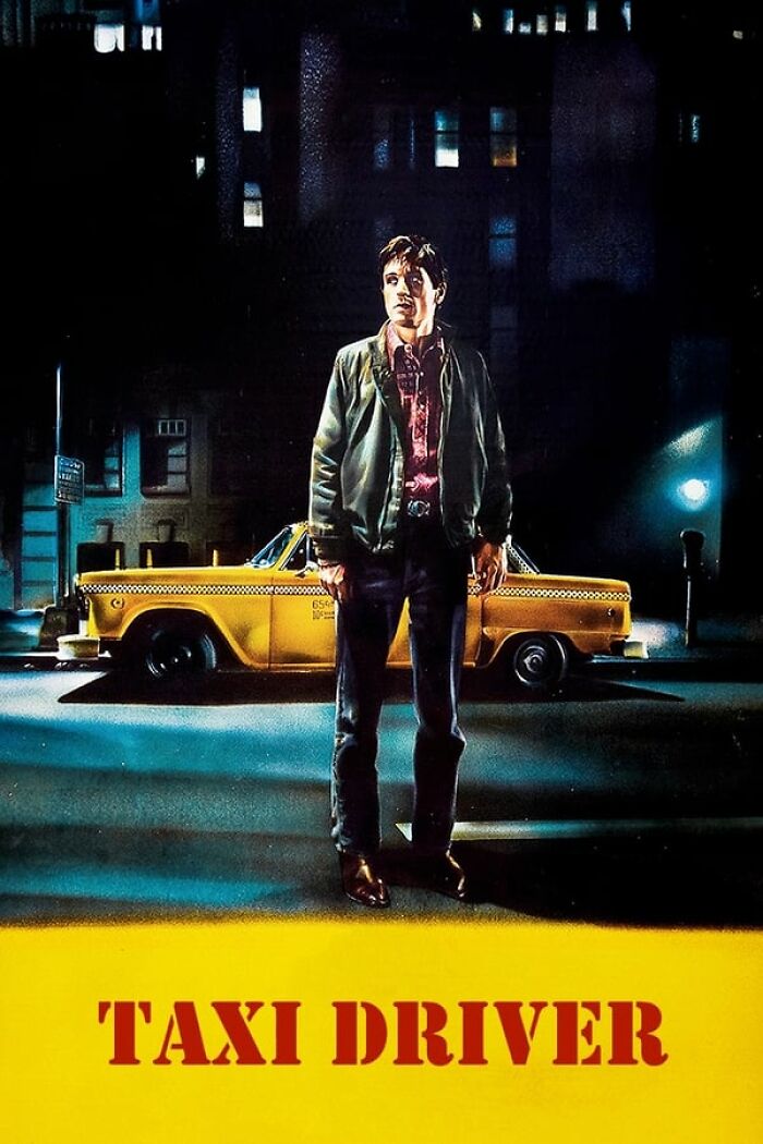 "Taxi Driver poster featuring a man in front of a yellow taxi, encapsulating Best Nostalgia Movies theme."