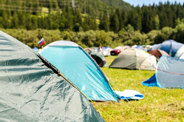 A field of tents near a forest at a camping site, depicting budget-friendly alternatives to costly concerts.