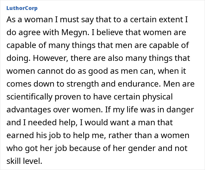 Controversial text supporting Megyn Kelly's remarks about female firefighter leaders.