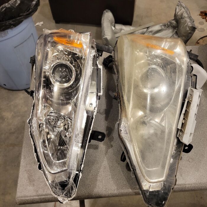 Two car headlights side by side, one new and one worn-down, illustrating the effects of time.