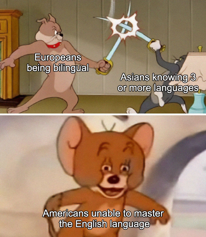 Tom and Jerry meme: Europeans and Asians with language skills; Jerry represents Americans struggling with English. Funny and sad.