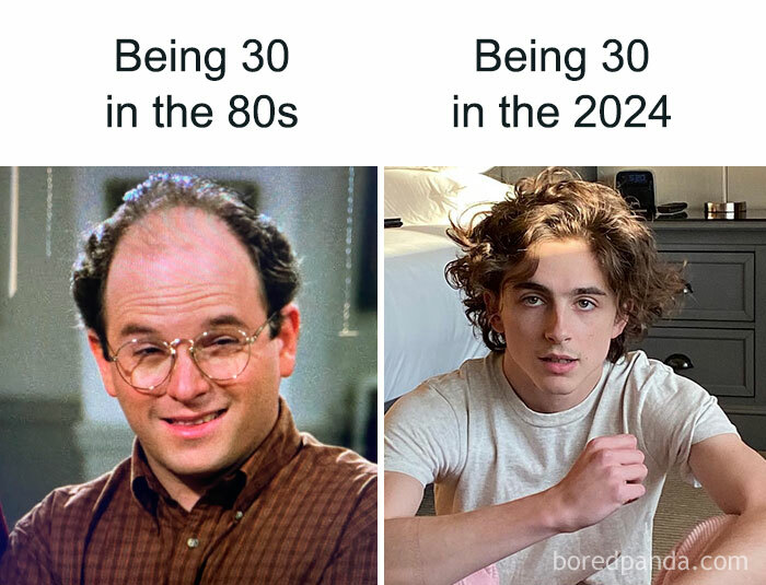 Funny post comparing the look of being 30 in the 80s versus in 2024.