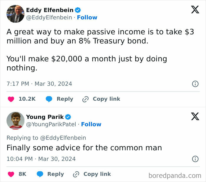 Funny post about passive income and common man advice, showing humorous contrast in Twitter replies.