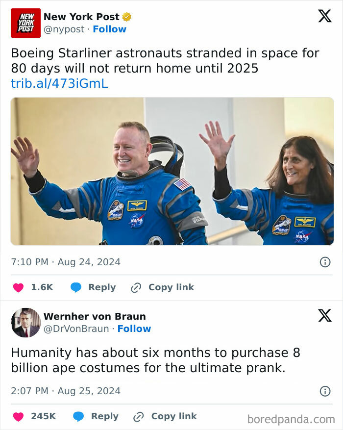 Astronauts in blue suits holding flowers with funny caption about being stranded in space.