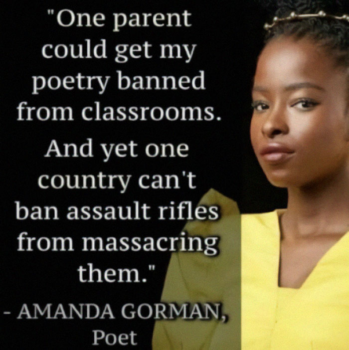 Funny yet sad quote on societal issues by a poet, highlighting disparities in censorship and gun laws.