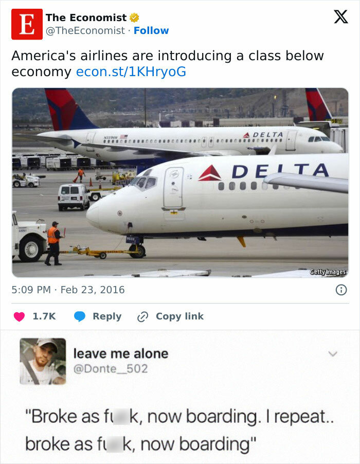 Funny meme about airlines introducing a class below economy, highlighting humor and despair.