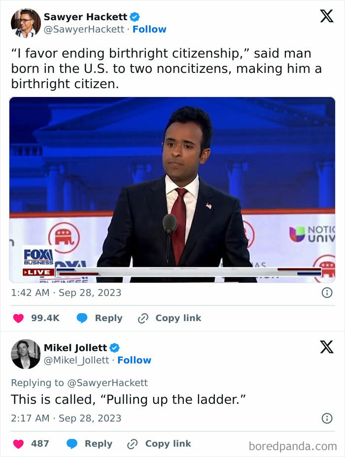 Man opposes birthright citizenship; ironic tweet highlights the contradiction, evoking laughter and despair.