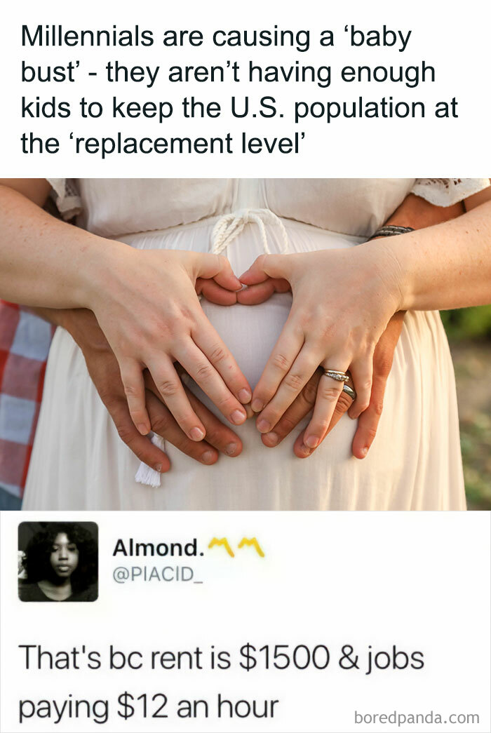 Pregnant woman with hands on belly and humorous tweet about millennials, rent, and wages.