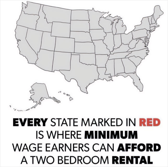 U.S. map with text about minimum wage earners affording rentals; no states marked in red, highlighting rental cost irony.