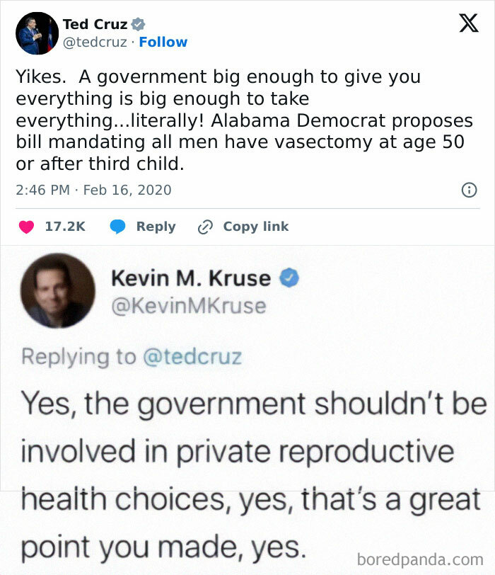 Tweet exchange about government and reproductive health choices; a funny yet sad commentary on policy proposals.