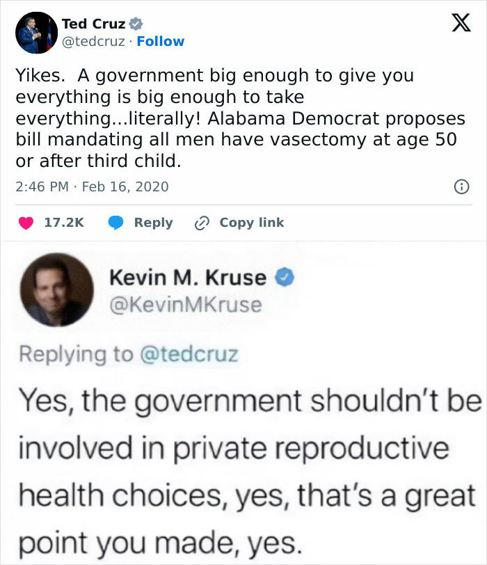 Tweet exchange about government and reproductive health choices; a funny yet sad commentary on policy proposals.