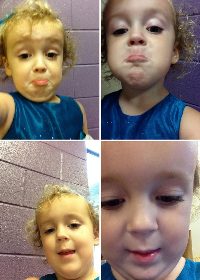 Child making funny faces in a blue dress, captured in a series of camera roll finds against a purple wall.