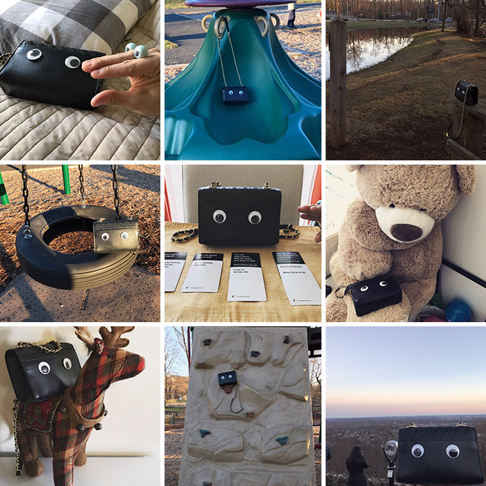 Funny camera roll finds featuring a purse with googly eyes placed in various amusing locations like a swing and a climbing wall.