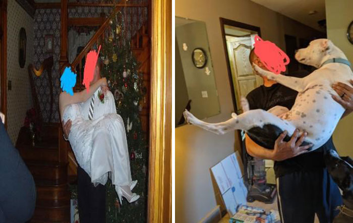 Two funny camera roll finds: A person holds a bride and another person cradles a large dog in their arms indoors.