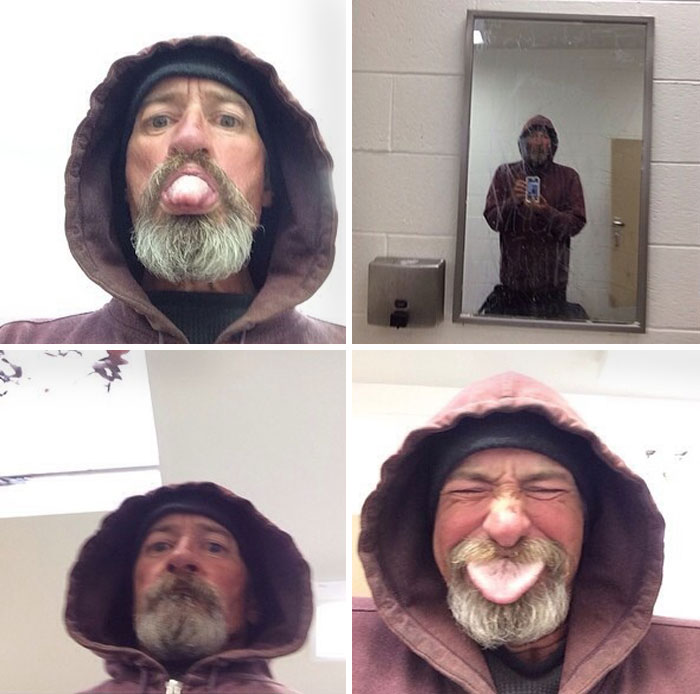 Man in hood making funny faces for camera roll, including mirror selfie and sticking out tongue.