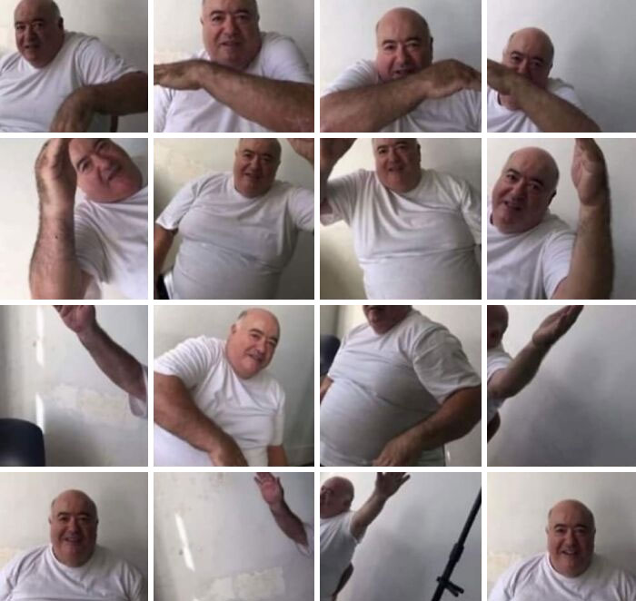 Grandpa making funny poses in a series of photos, a humorous camera roll find.