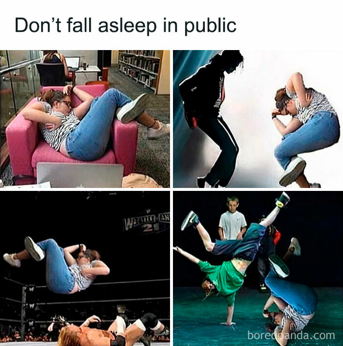 Funny camera roll finds: collage of a sleeping woman edited into dance and wrestling scenes.