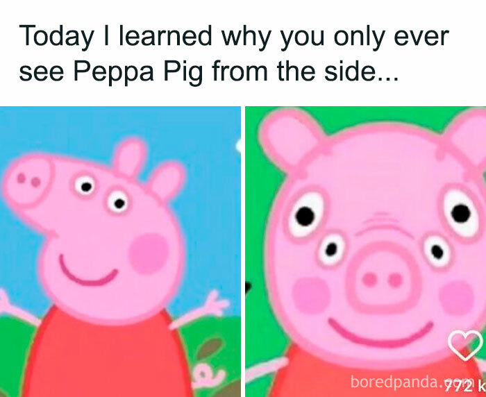 Funny-camera-roll-finds: Peppa Pig shown in a side view and front view with comical expression highlighting design quirks.