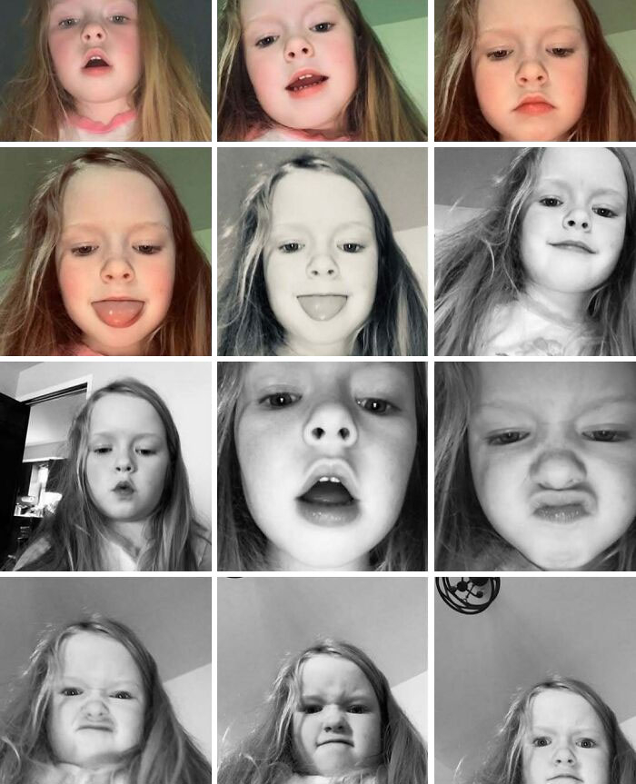 A collage of funny camera roll finds featuring a child making various silly faces.