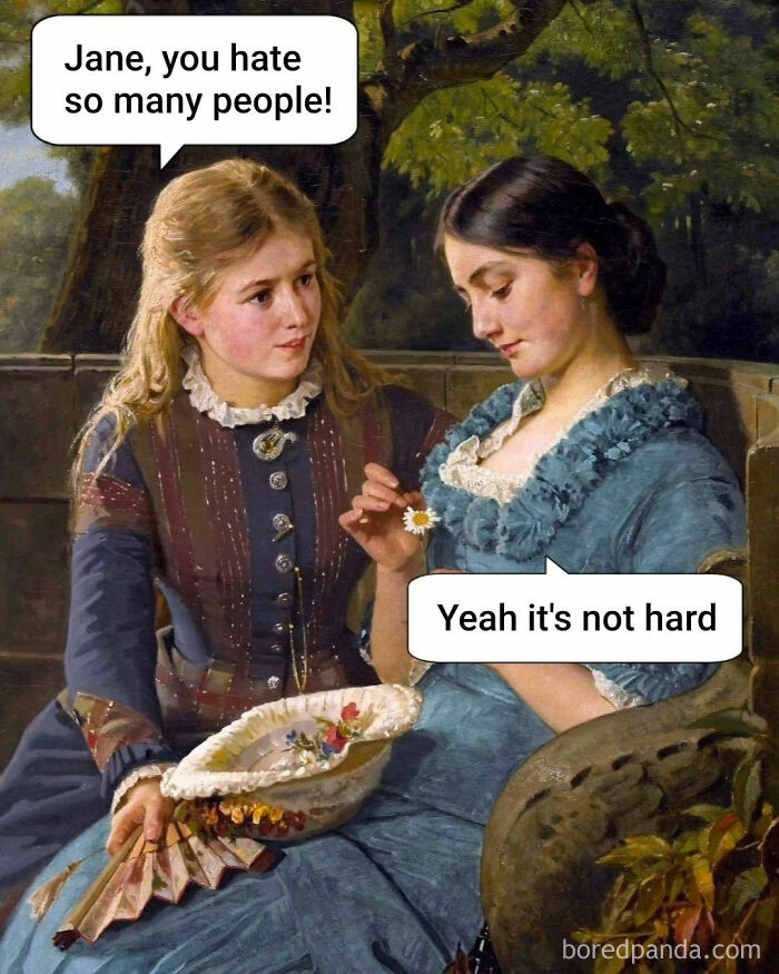 Two women in period clothing sharing a humorous meme conversation about disliking people, painted in classical art style.