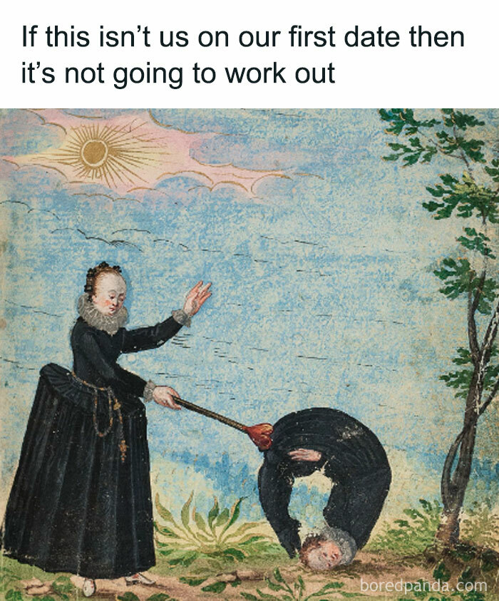 Great works of art meme with a woman playfully poking a bending man with a stick under a humorous caption.