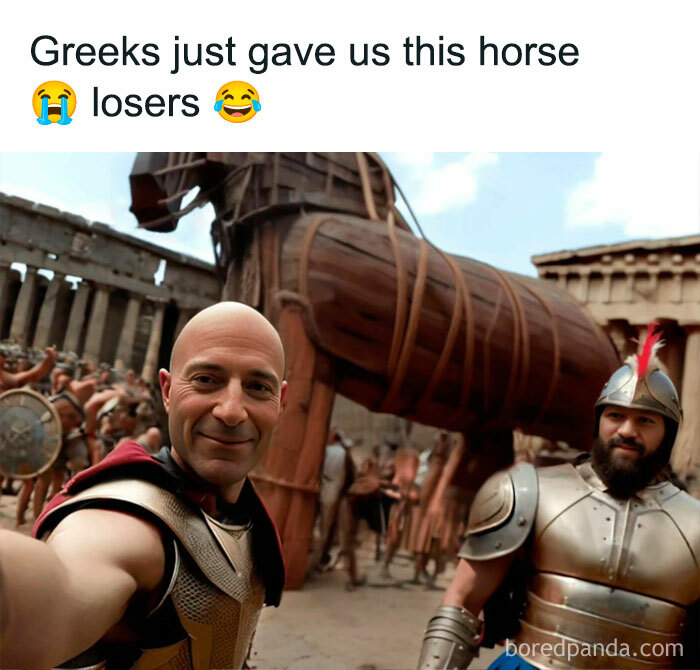 Trojan horse historical scene reimagined as a meme, with soldiers taking a selfie and humorous emojis in the text above.