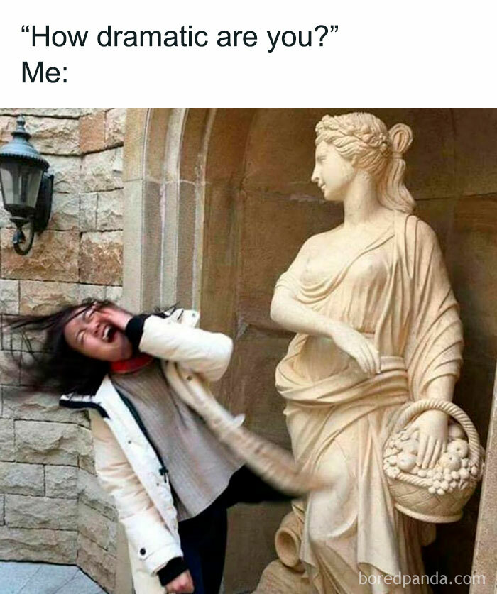 Person dramatically posing next to a classic statue, creating a hilarious meme using great works of art.