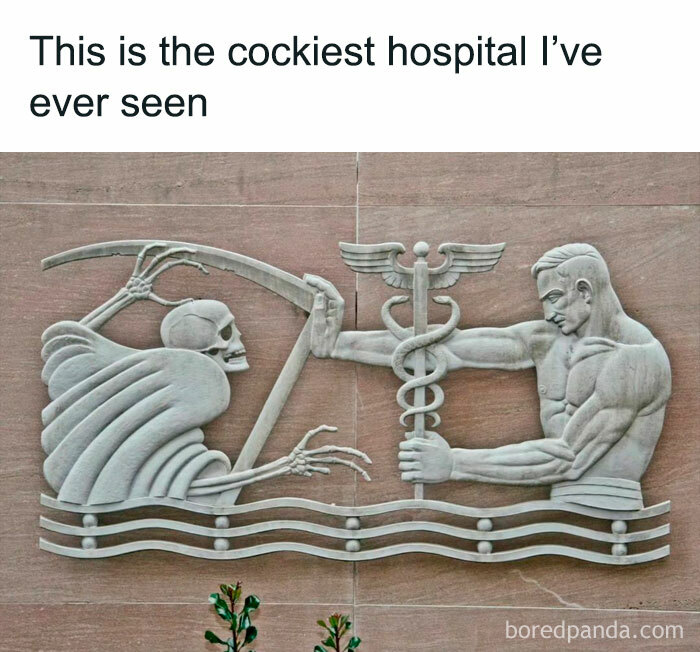 Great works of art meme depicting a muscular man and a skeleton in a humorous hospital setting.