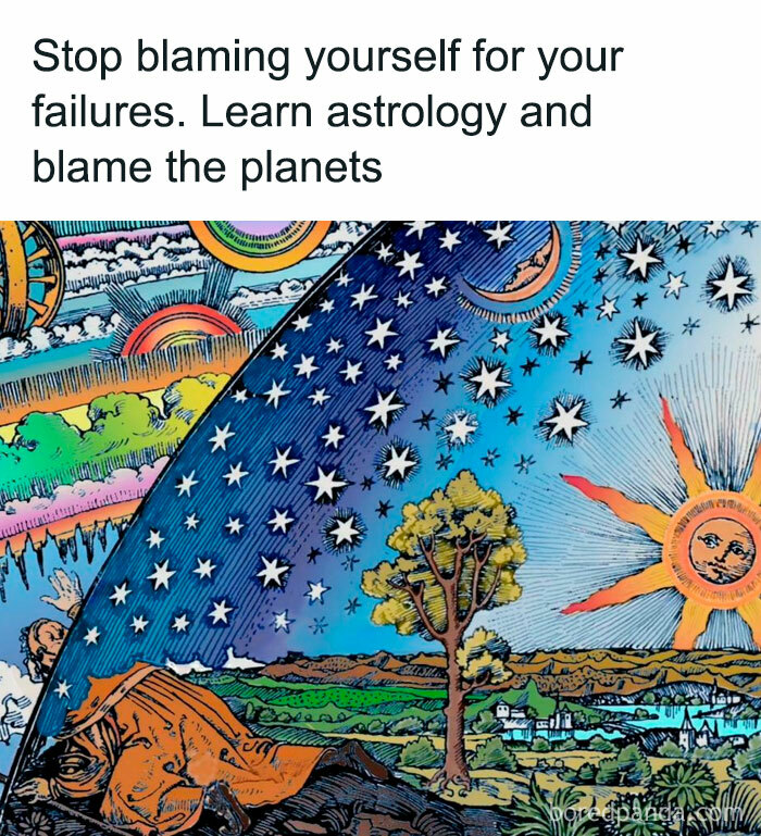 Astrology-themed meme over a classic artwork, humorously advising to blame planets for failures.