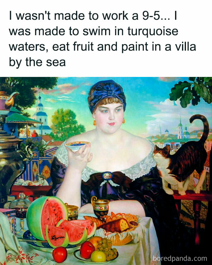 Great art as a canvas for memes: a woman enjoys fruit by the sea with a cat, illustrating a humorous quote.