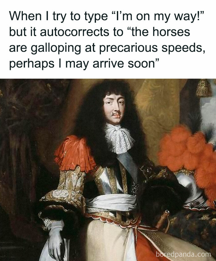 Great works of art meme with man in period clothing and a humorous autocorrect text about horses.