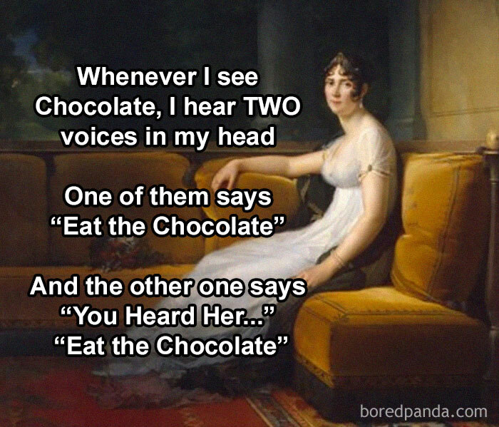 Classical art meme features a woman on a sofa, humorously debating inner voices about eating chocolate.