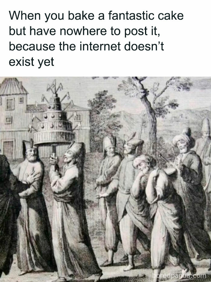 Classical art meme with people carrying a large cake, humorously highlighting the lack of social media in the past.