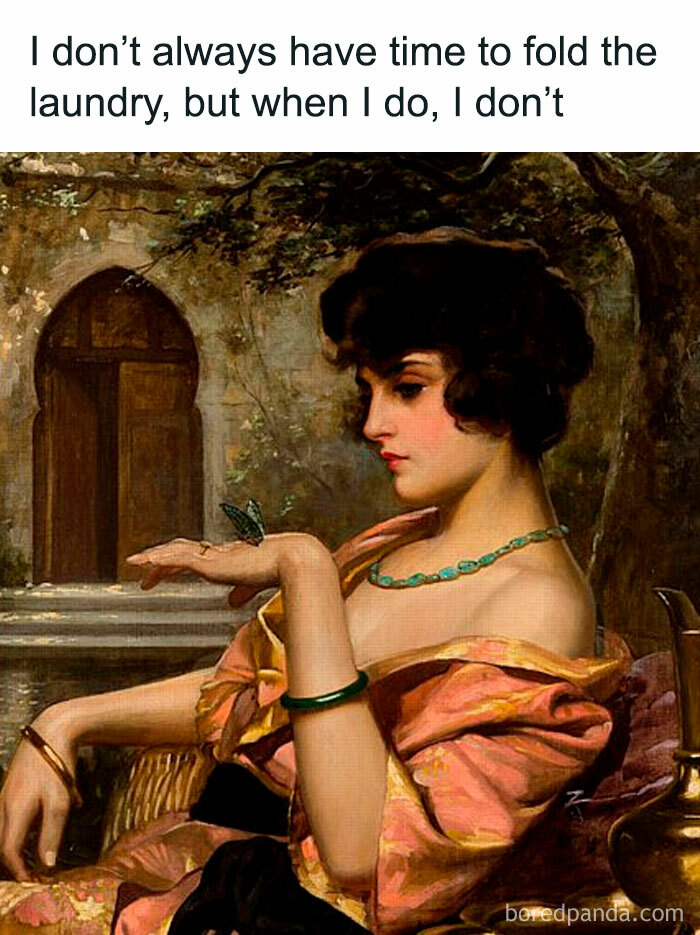 Classical art meme with a woman, humorously captioned about procrastinating on folding laundry.