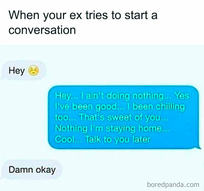 Text conversation meme humorously depicting awkward dating themes with an ex reaching out.