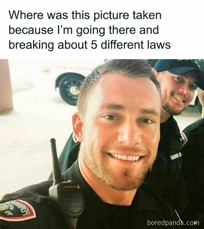 Police officers smiling in a selfie, capturing the humor of dating memes.