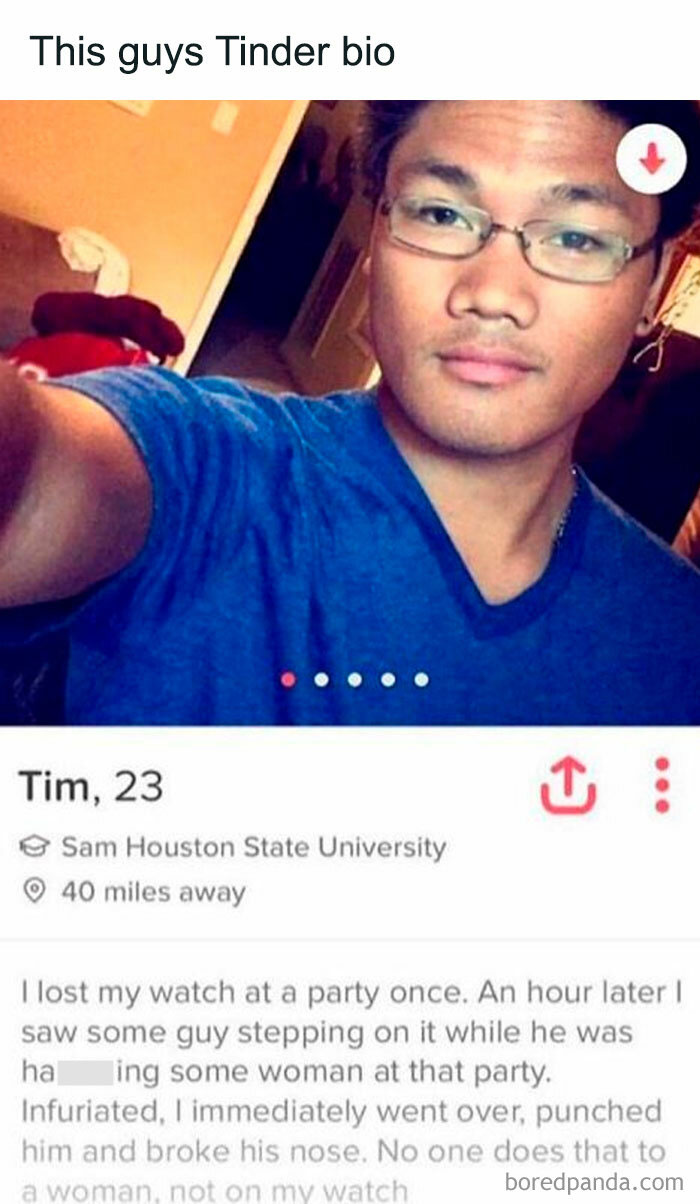 Man's humorous Tinder bio, exemplifying modern dating memes.