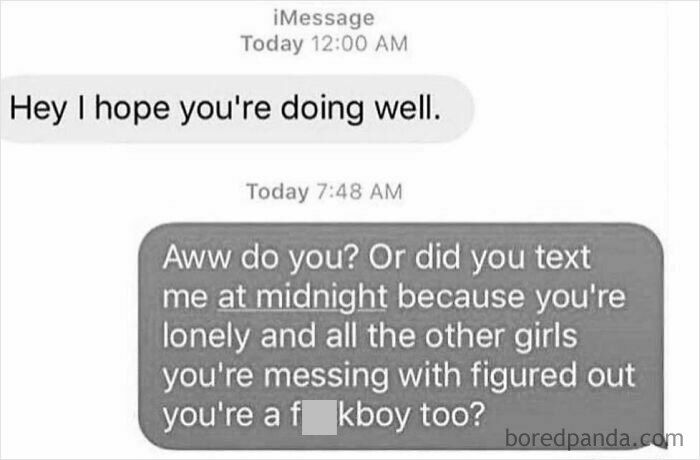 Text exchange meme humorously depicting modern dating dynamics with sarcasm and late-night messages.