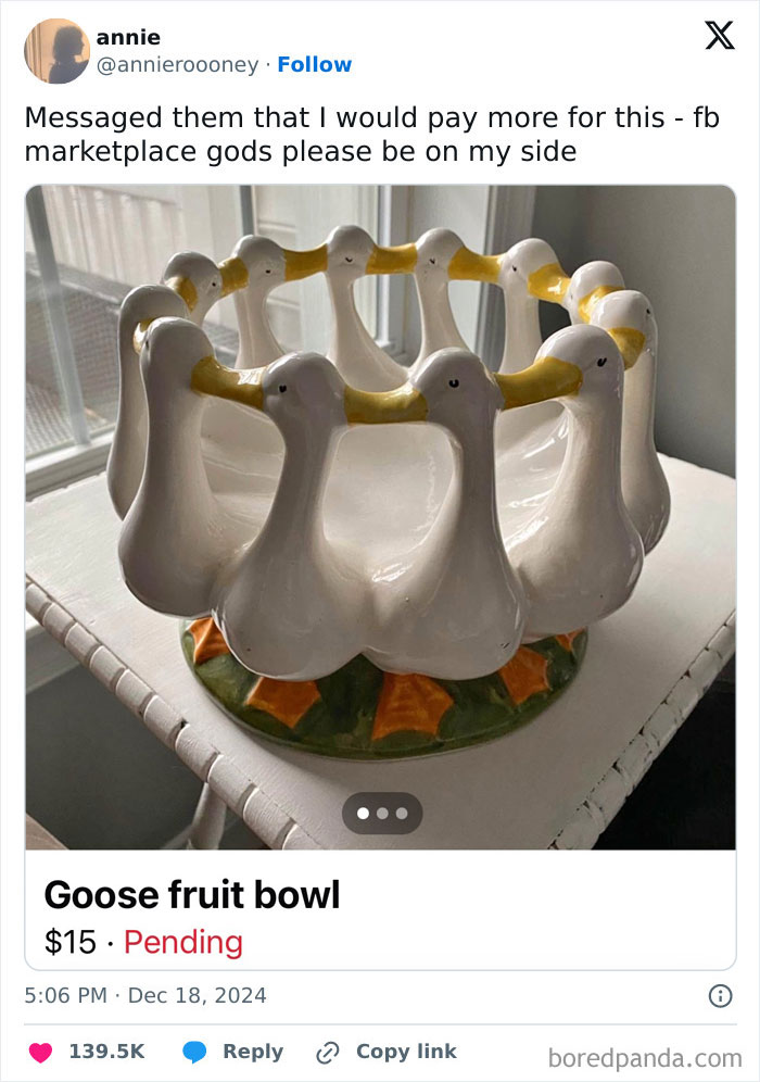 Goose-shaped fruit bowl post by a woman, with humorous caption about Facebook Marketplace, pending sale.