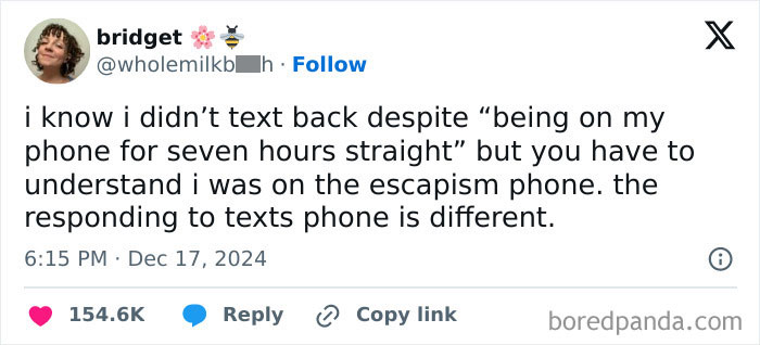 Funny post by a woman joking about using different phones for escapism and responding to texts.